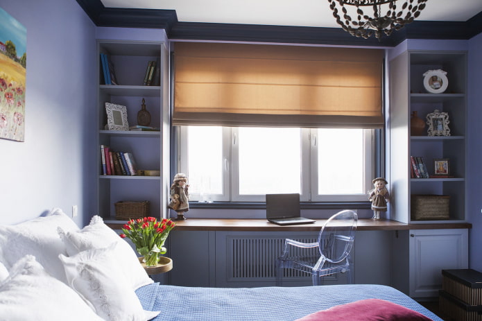 wardrobe with open shelves around the window in the interior