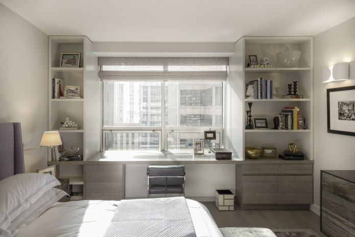 wardrobe with open shelves around the window in the interior