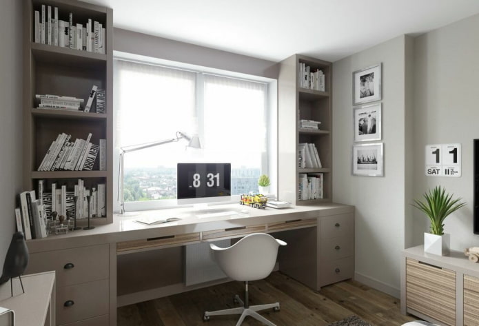 wardrobe with table around window in interior