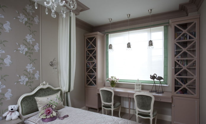 cabinets around the window in the interior of the children's room