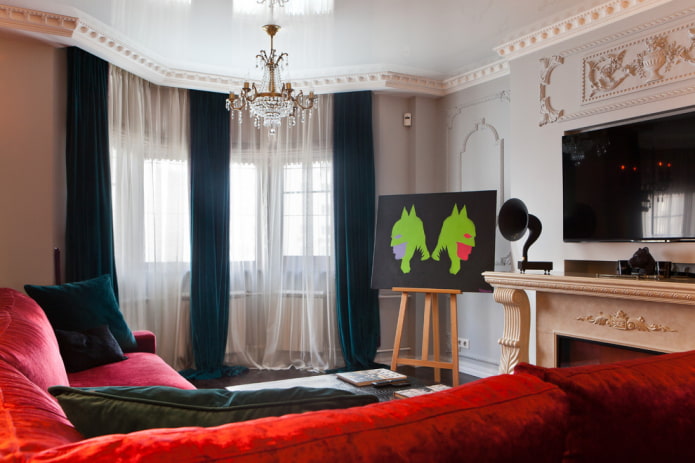 long curtains on the bay window opening in the living room