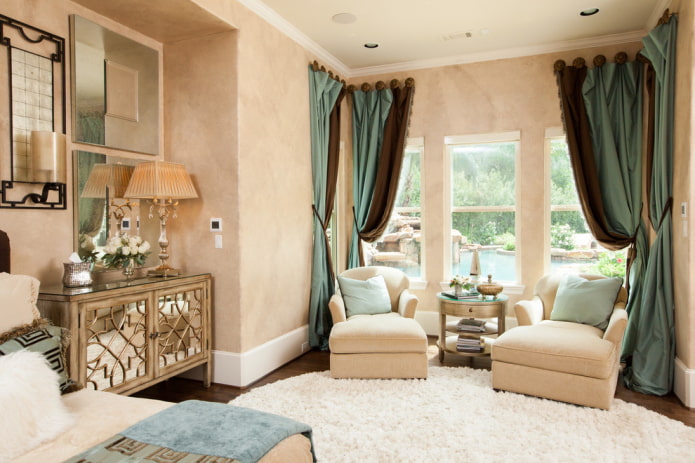 combined curtains on the bay window in the bedroom