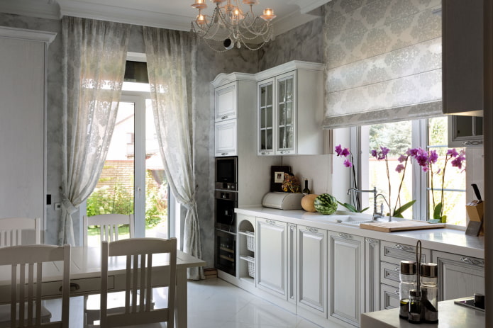 curtains with grabs on the balcony opening in the kitchen