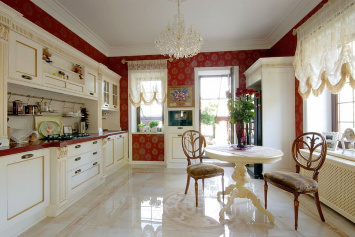 Austrian curtains in the kitchen interior