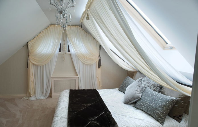 curtains on the dormer windows in the bedroom
