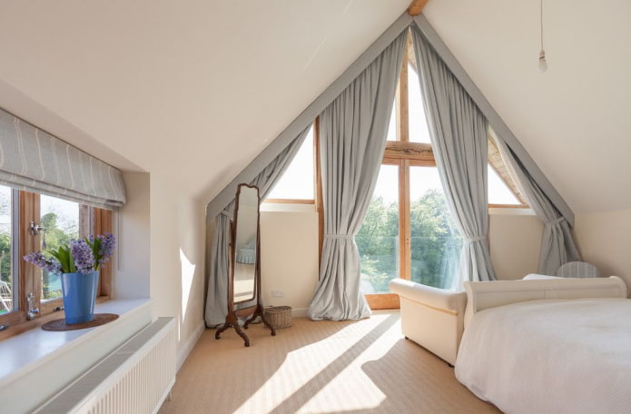 roof windows with gray curtains