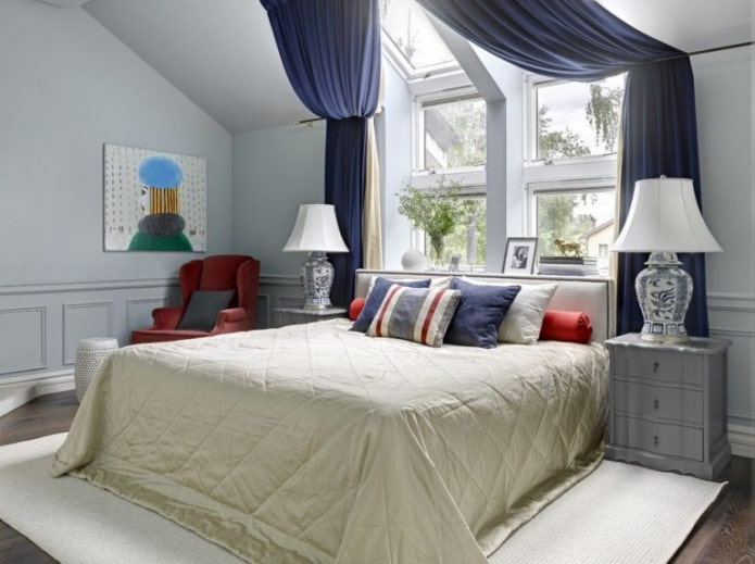 blue curtains on the dormer window