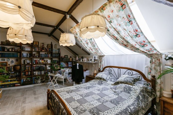 curtains with a floral print on a dormer window