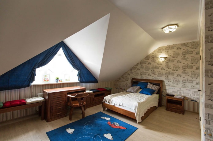 blue curtains on the dormer window