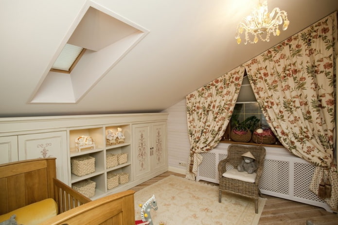 curtains with a floral print on the roof window