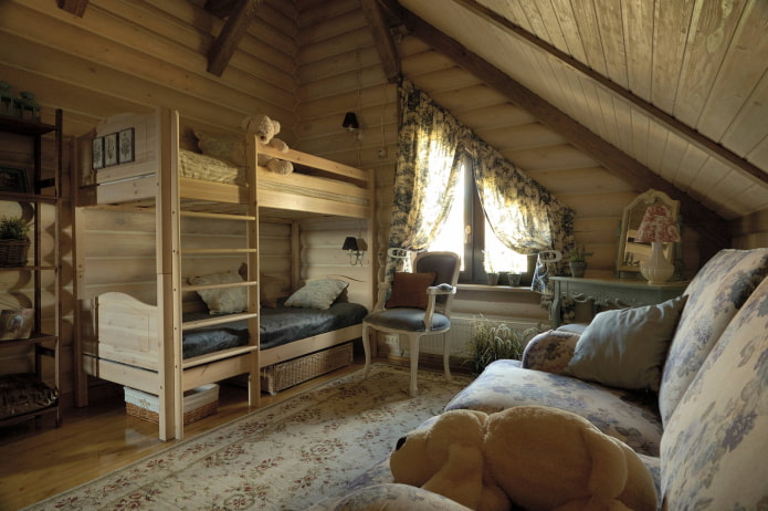 curtains on the dormer window in country style