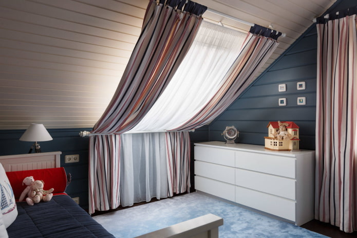 roof window with striped curtains