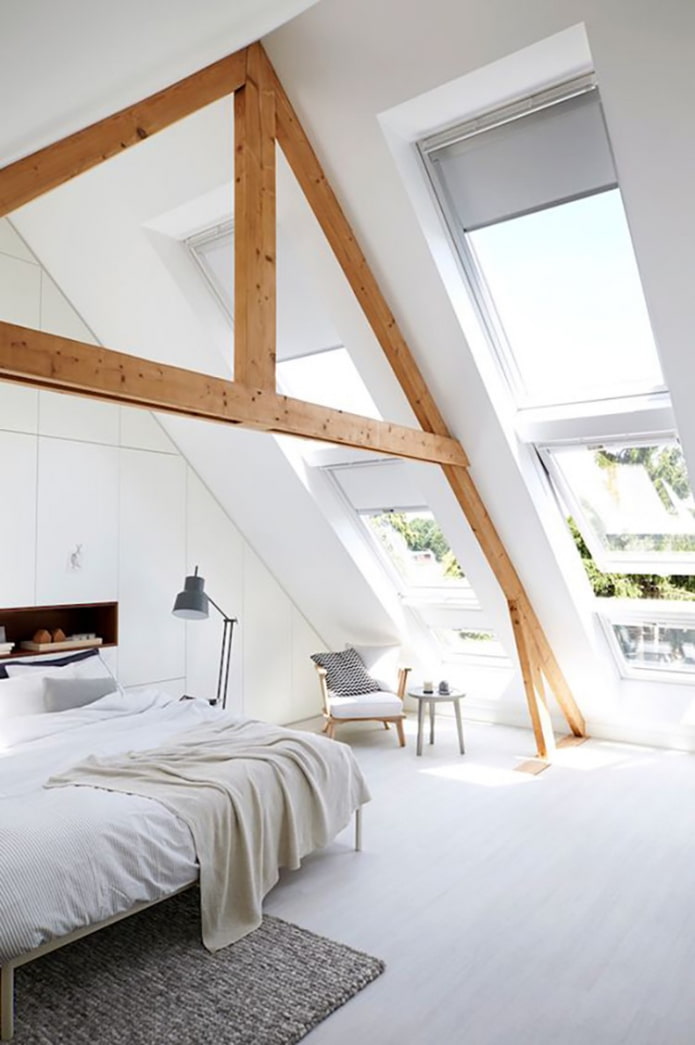 roller blinds on the dormer windows in the bedroom