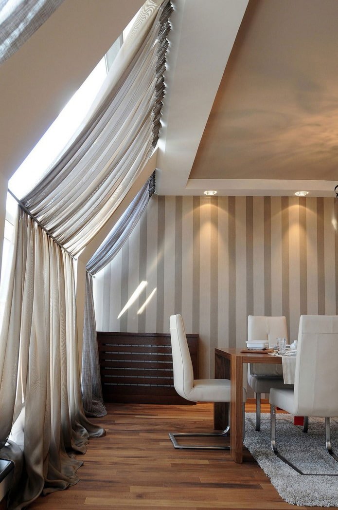 curtains on the dormer window with a bevel