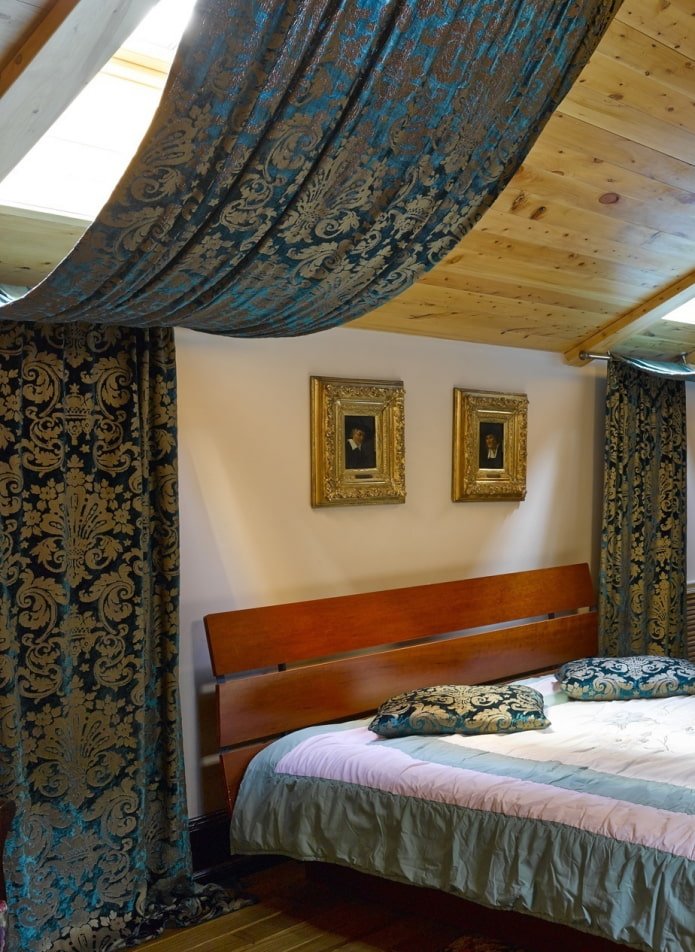 patterned curtains on the dormer window