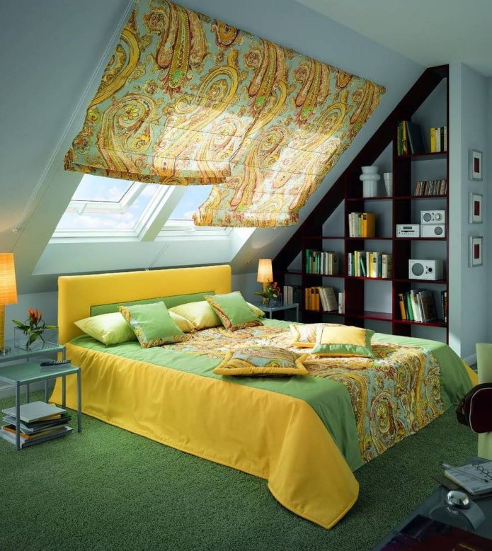 patterned Roman blinds on the dormer window