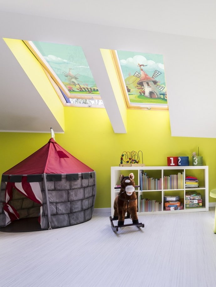 roller blinds with photo printing on dormer windows