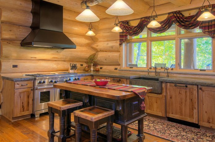 lambrequin with throws in the kitchen interior