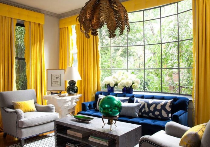 yellow lambrequin in the living room interior