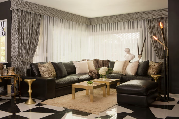 gray curtains with a lambrequin on a corner window