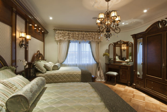lambrequin puffs in the bedroom interior