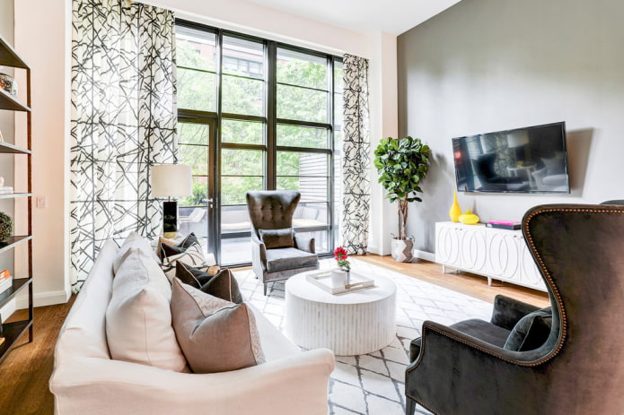 curtains with an abstract print in the living room