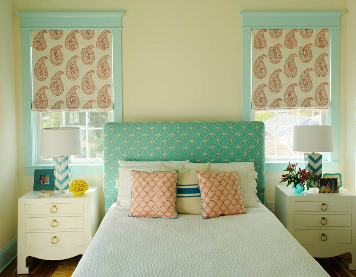 roller blinds with a paisley pattern in the bedroom