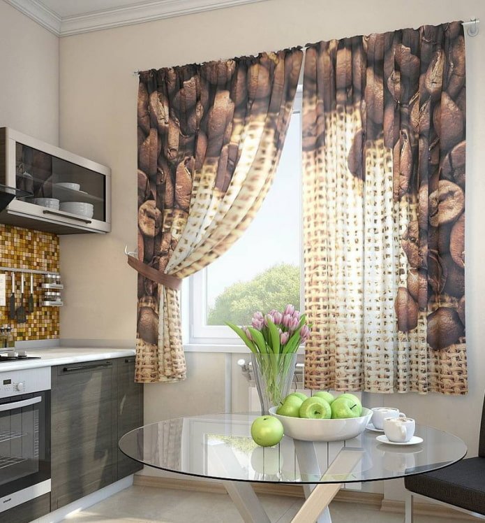 curtains with coffee beans in the kitchen