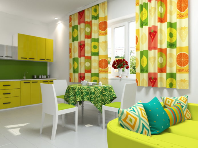 curtains with fruit patterns in the kitchen