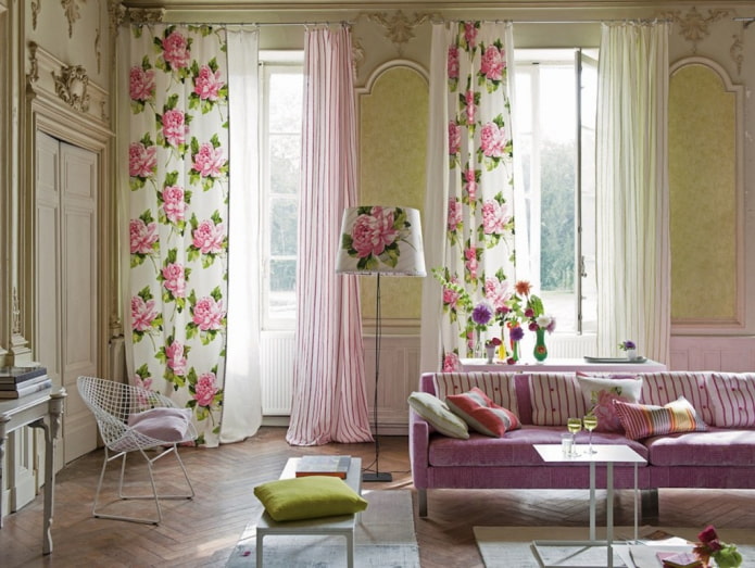 curtains with floral print in the living room