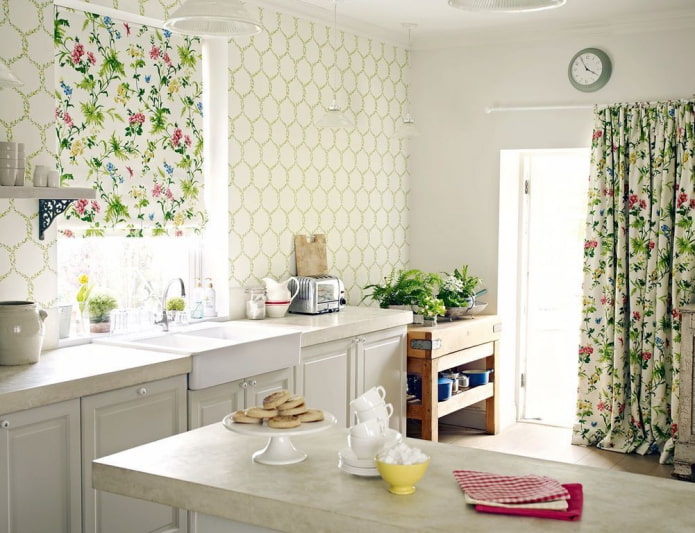 curtains with flowers in the kitchen interior