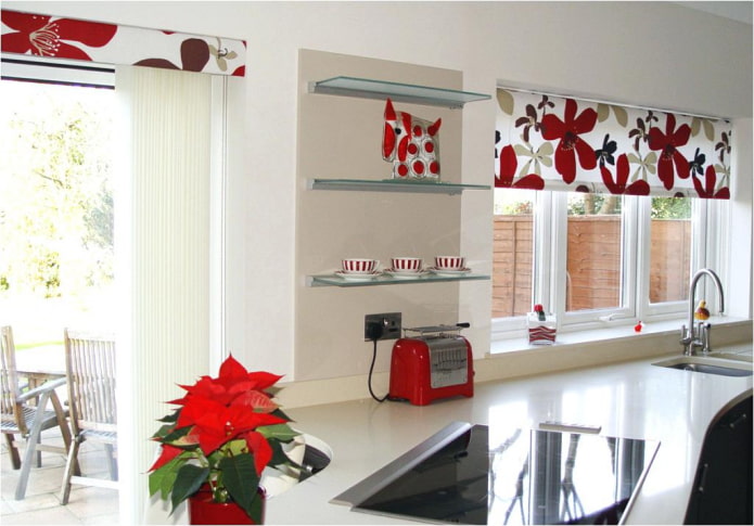 curtains with flowers in the kitchen interior