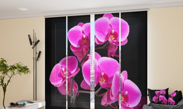 Japanese curtains with an image of an orchid