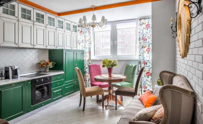 curtains with flowers in the kitchen interior