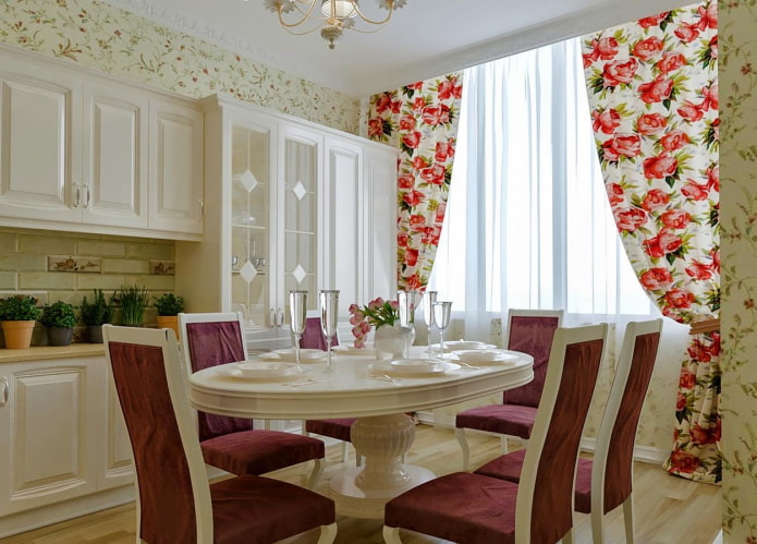curtains with peonies in the kitchen interior