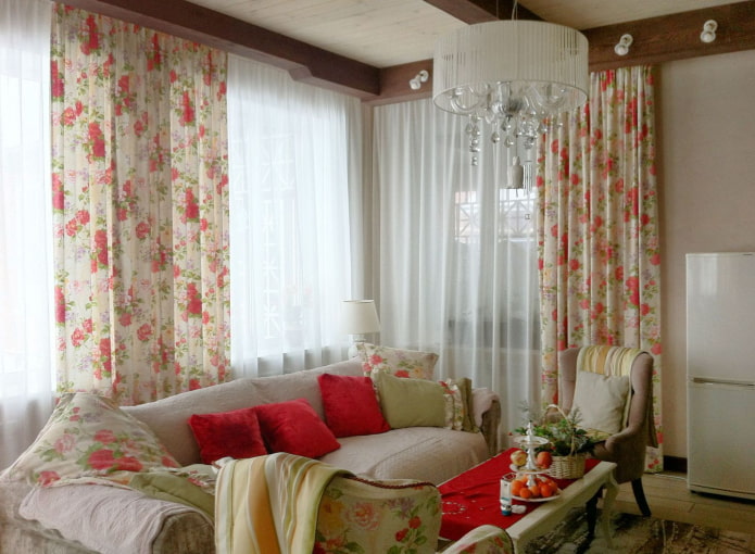 floral curtains combined with plain curtains