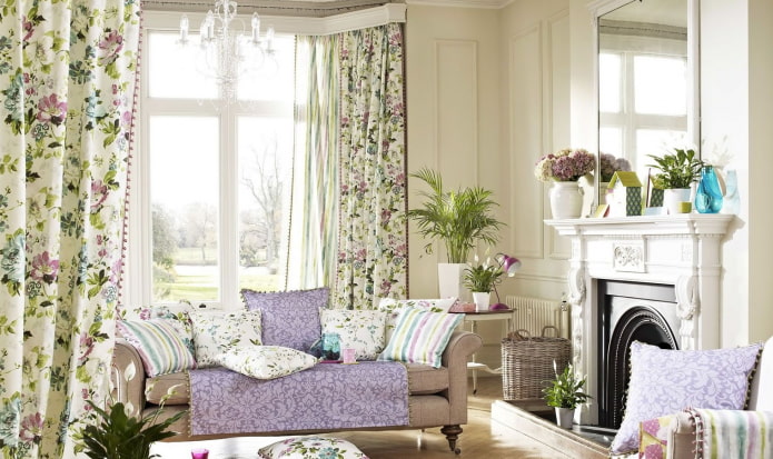 curtains with flowers in the living room interior