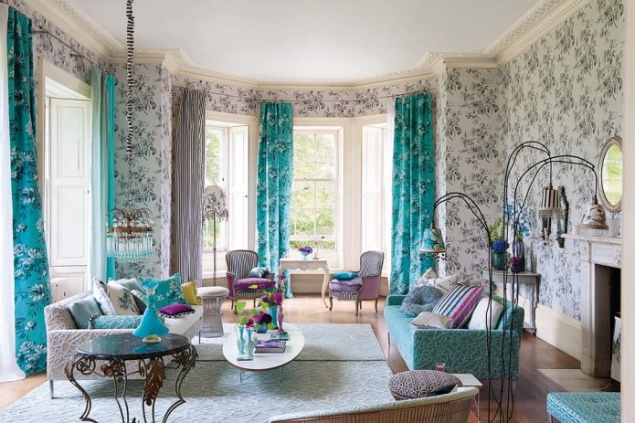floral curtains combined with wallpaper with a floral pattern
