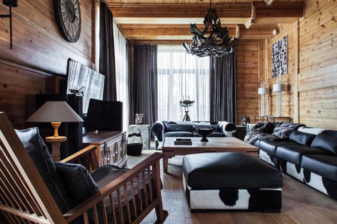 thick curtains and light tulle in a wooden house