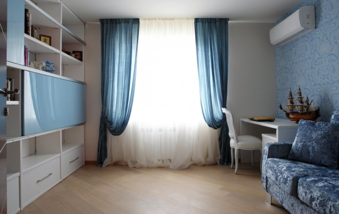 blue curtains in a child's room