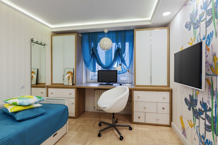 blue curtains in a teenager's room