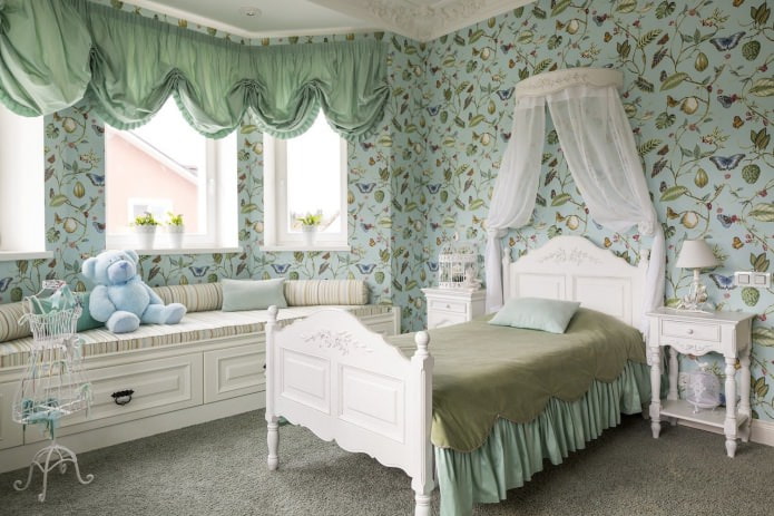 green short curtains in a girl's room