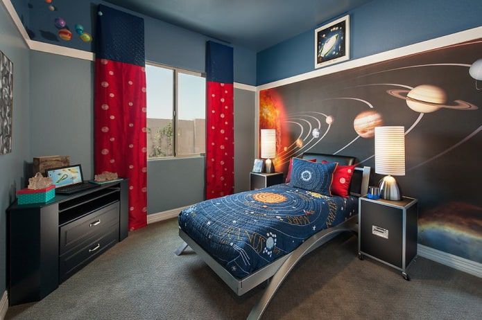long blue and red curtains in a boy's room