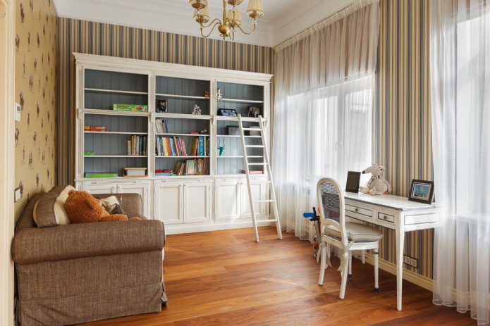 children's room with striped wallpaper