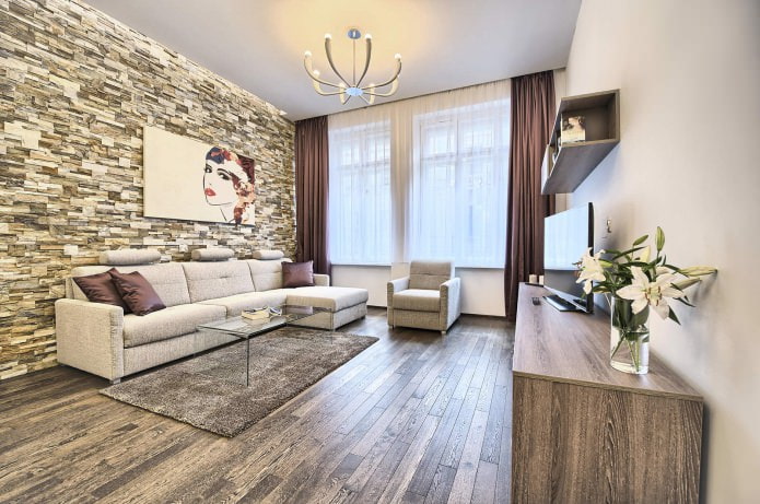 Curtains in the interior of a beige living room