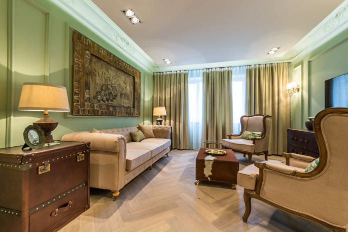 Green curtains in the living room