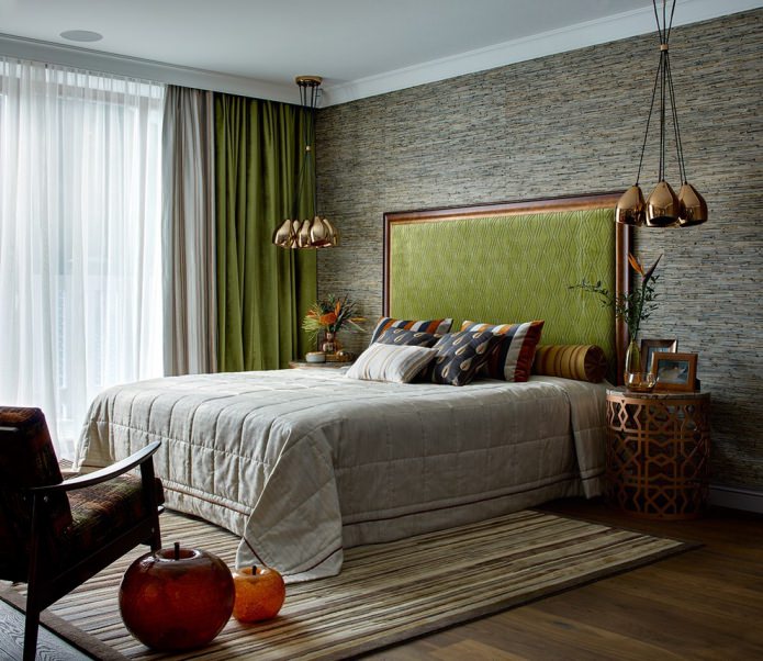 gray-green interior with double curtains and tulle