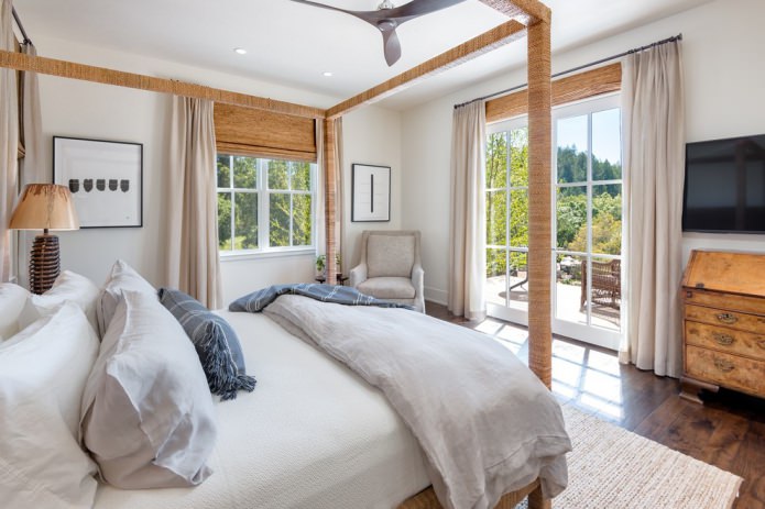 a combination of bamboo curtains and classic curtains