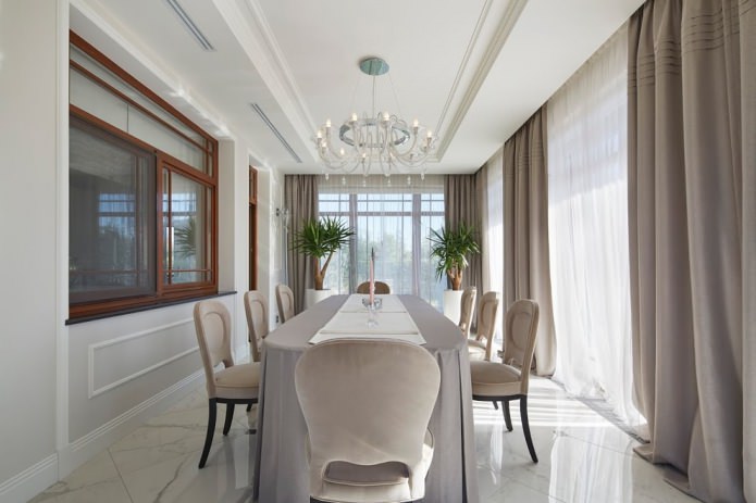 beige curtains in the kitchen in a modern classic style