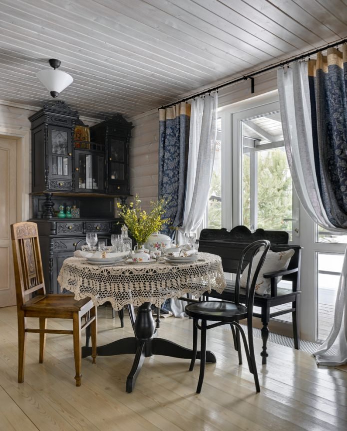 long curtains in the dining room at the dacha